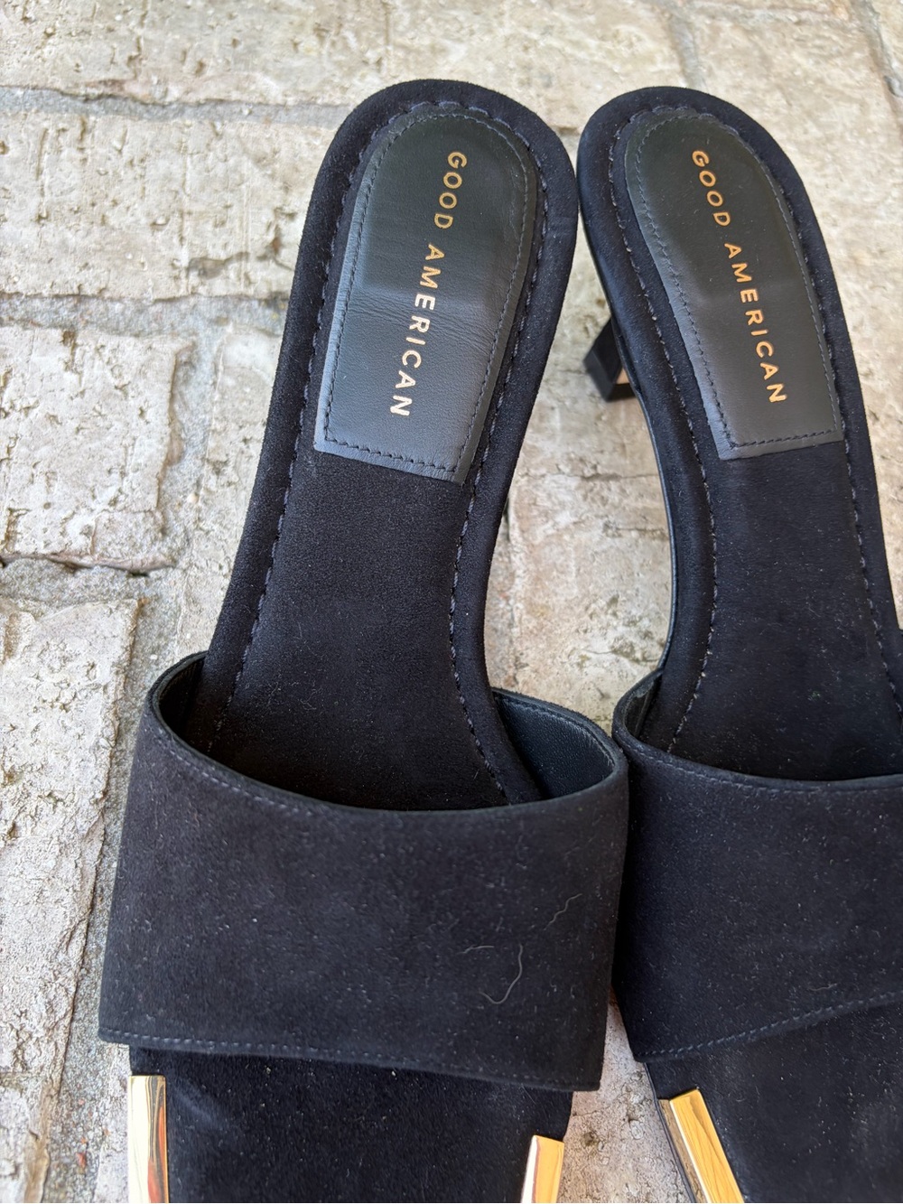 Good American Black Suede Slide Mules with Gold Trim - Picture 3 of 7